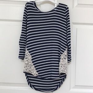 Navy Blue & White Striped Top W/ Lace
